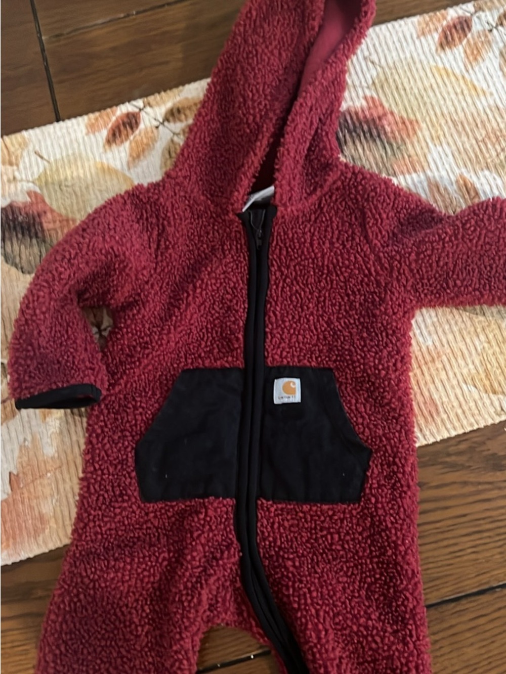 Carhartt Kids Burgundy Sherpa Hooded Zip Romper with Black Pocket